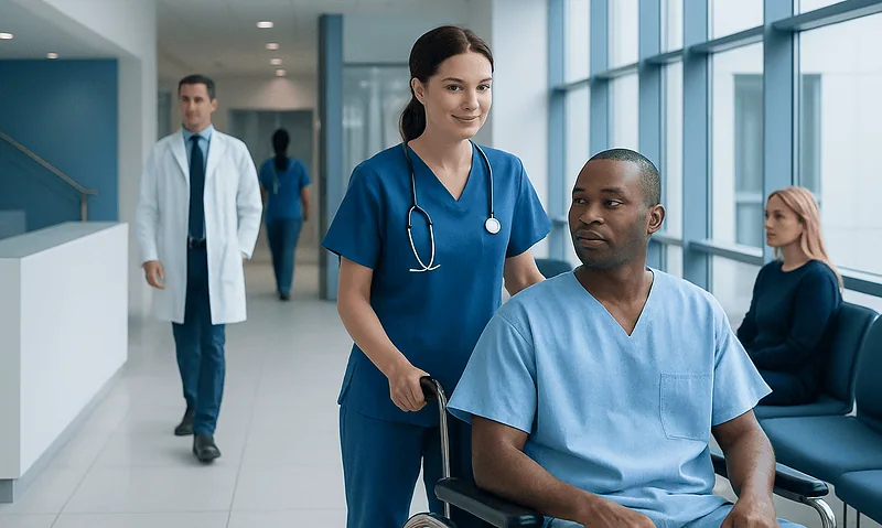 Nurse assisting a patient in a modern hospital corridor.