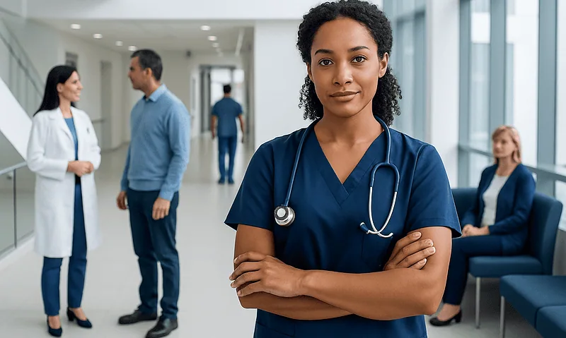 Female nurse practitioner in hospital corridor with patients and staff.