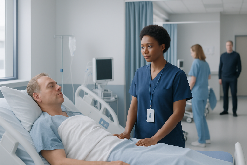 Pacu nurse: Symptoms, Causes, and Treatment — Complete Patient Guide 1 Nurse comforting a patient in a hospital bed at Acibadem Hospitals Group.