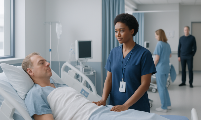 Nurse comforting a patient in a hospital bed at Acibadem Hospitals Group.
