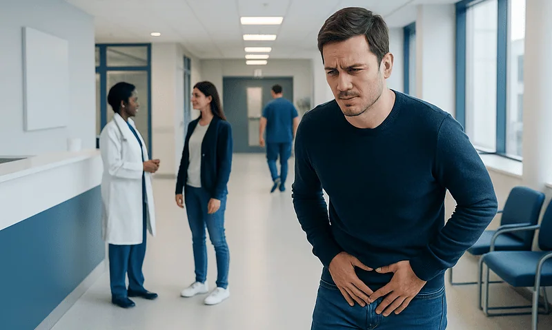 Man experiencing abdominal pain in a hospital corridor.
