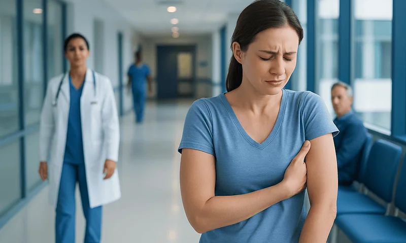 Woman with underarm pain in hospital corridor with medical staff nearby.