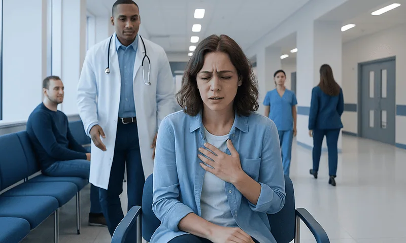 Woman experiencing panic attack in hospital waiting area with medical staff nearby.