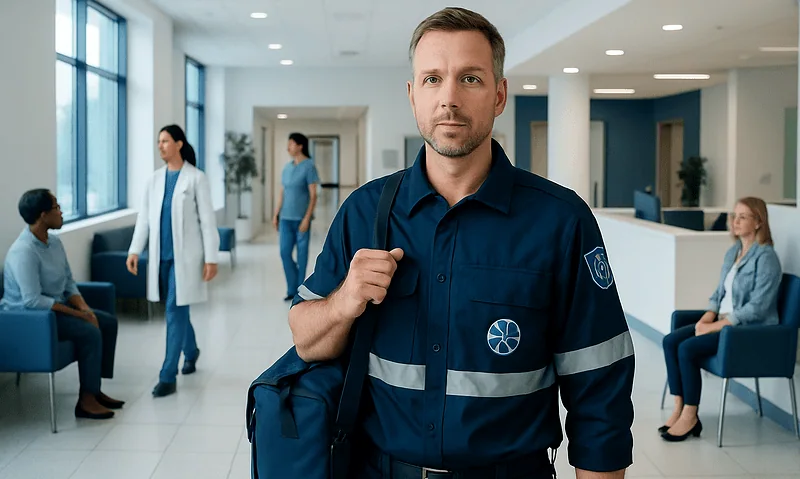 Paramedic in hospital lobby with patients and staff in background.