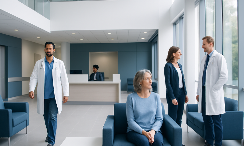 Medical professionals and a patient in a modern hospital waiting area.