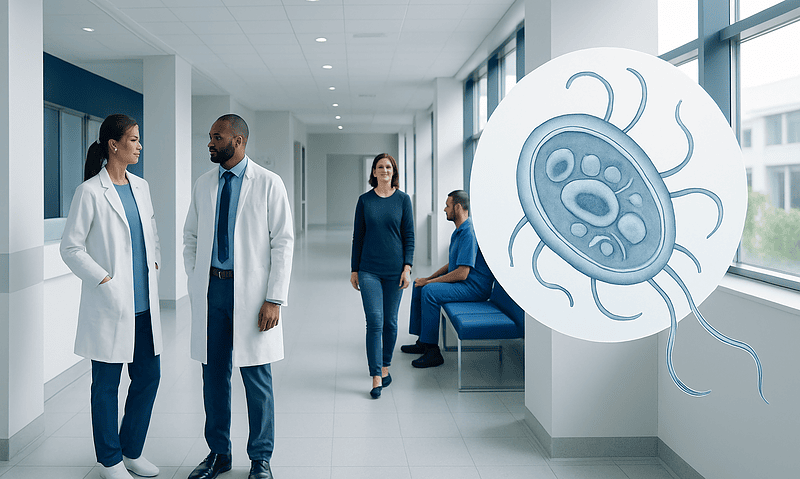 Medical professionals discussing in hospital corridor with parasite illustration.