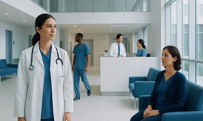 Medical professionals and patients in a modern hospital lobby.