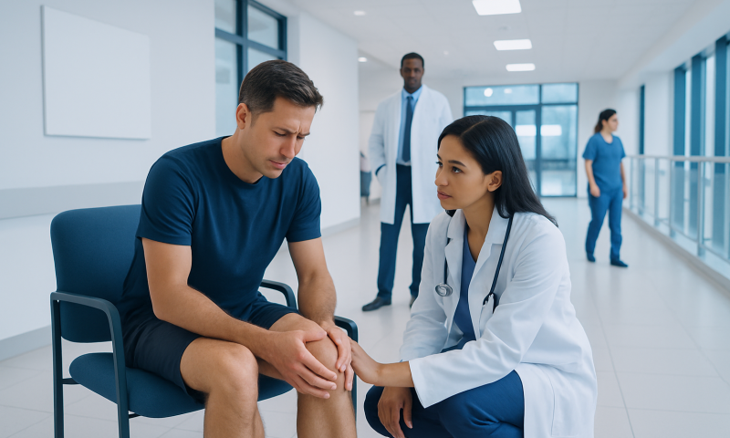 Doctor examining patient's knee in hospital corridor.