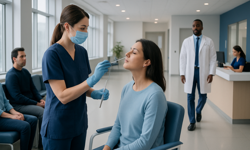 Nurse administering a nasal swab test to a woman in a medical clinic.
