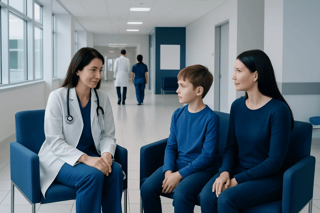 Pediatric Neurology Evaluation: What Parents Can Expect at the First Visit 1 Pediatric neurology consultation with doctor and young patient in hospital corridor.
