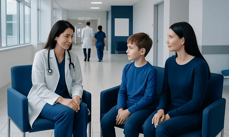 Pediatric neurology consultation with doctor and young patient in hospital corridor.