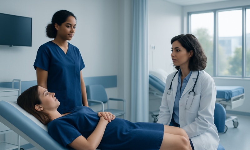 Medical consultation during a pelvic exam in a hospital room.
