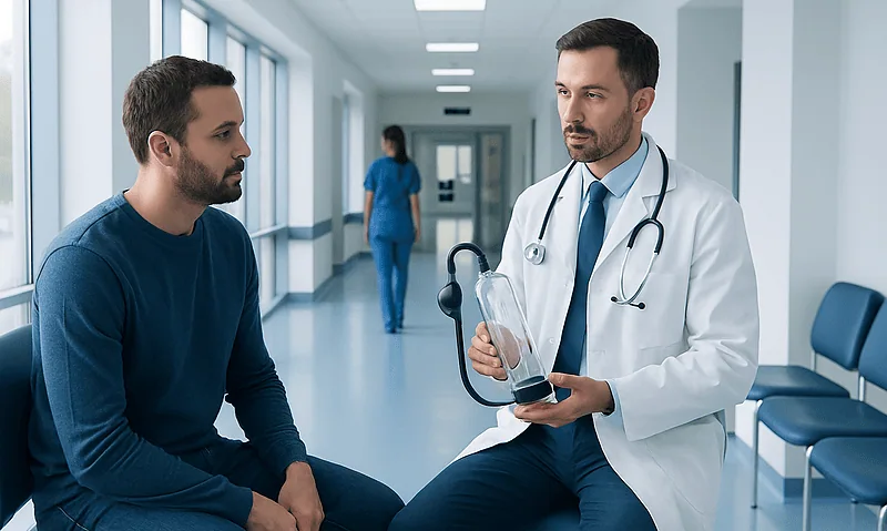 Doctor consulting with patient in hospital corridor.