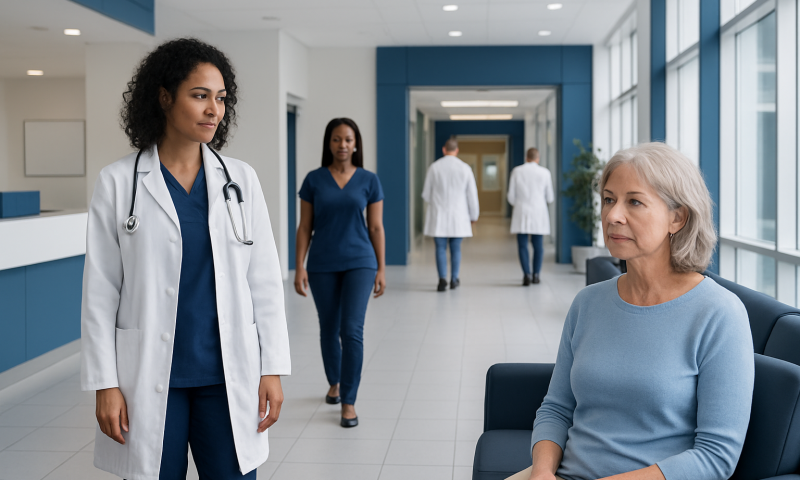 Medical consultation in a modern hospital corridor with diverse healthcare professionals.