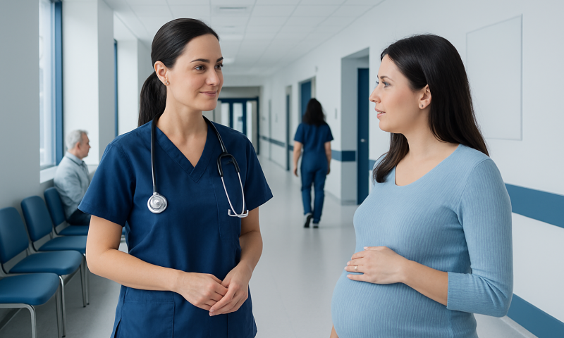 Pregnant woman talking to a healthcare professional in hospital corridor.