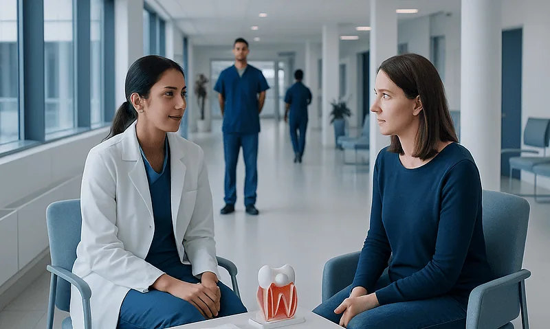 Dentist explaining gum health to patient in a modern clinic.
