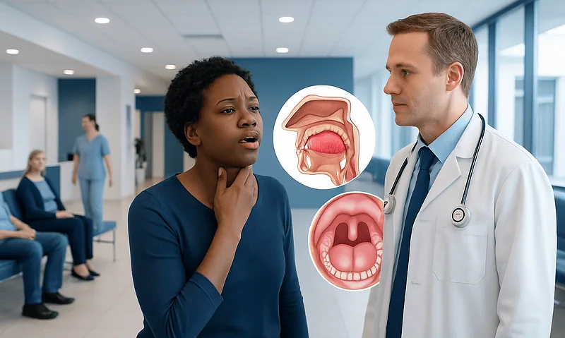 Doctor explains throat issues to patient with diagrams of throat anatomy.