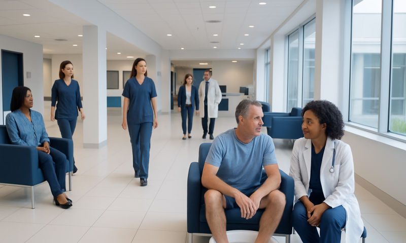 Hospital waiting area with medical staff and patient in a modern healthcare facility.