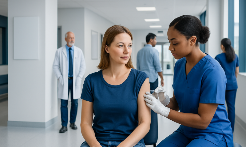 Nurse administering pertussis vaccine to a woman in a hospital corridor.