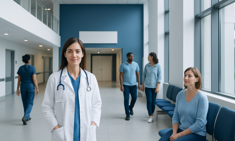 Healthcare professionals in a modern hospital corridor with a doctor in the foreground.