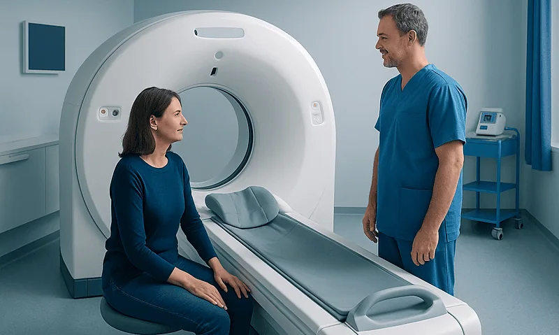 Patient and technician preparing for a PET-CT scan in a modern medical facility.
