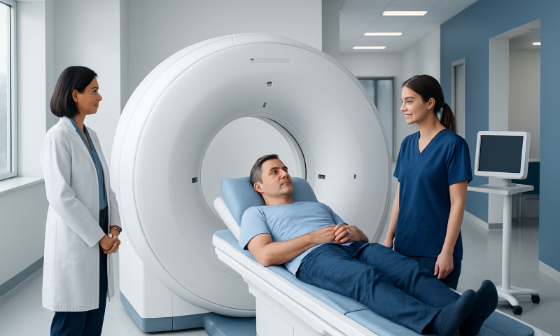Patient undergoing PET scan with medical staff in hospital setting.