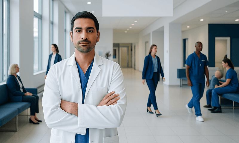 Healthcare professional in hospital lobby with patients and staff.
