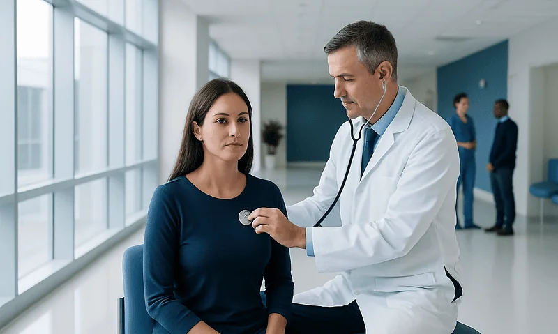 Doctor performing a physical exam on a young woman in a hospital corridor.