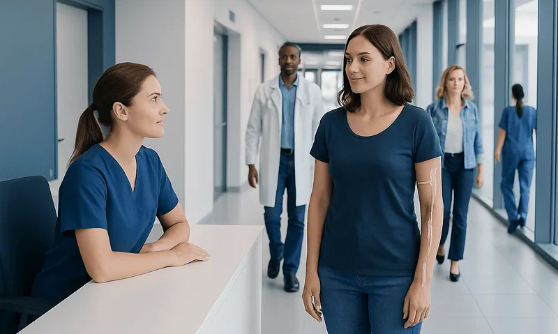 Patient receiving care in a hospital corridor with medical staff nearby.