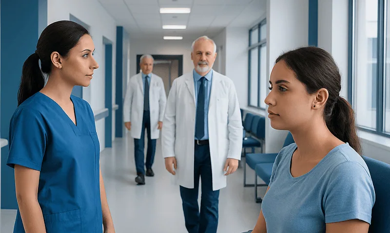 Medical professionals discussing patient care in hospital corridor.