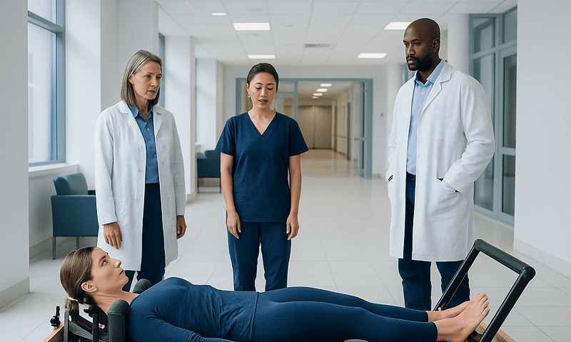 Medical professionals discuss patient on Pilates reformer in hospital corridor.