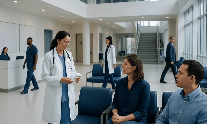 Healthcare professionals and patients in a modern hospital lobby.