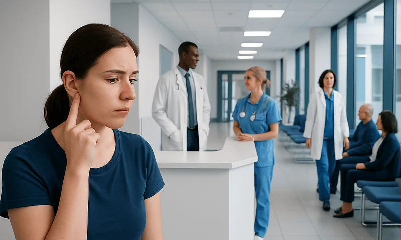 Woman with ear pain in a hospital corridor.
