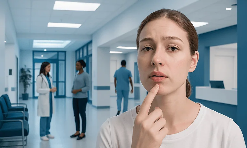 Young woman contemplating in hospital corridor, healthcare professionals in background.
