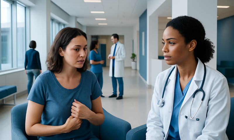 Doctor consulting with a patient about nipple health in a hospital corridor.