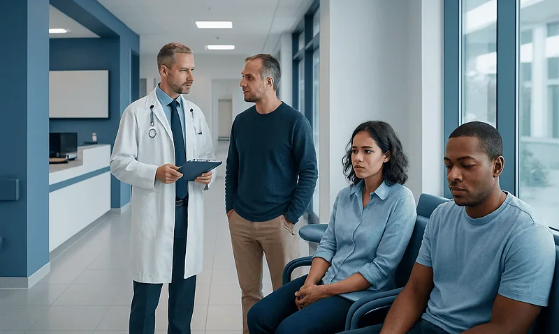 Doctor consulting with patients in a hospital corridor.
