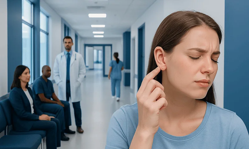 Young woman with ear pain in hospital corridor, seeking medical help.