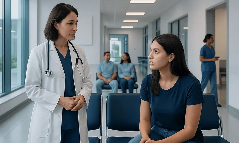 Doctor consulting a patient in a hospital corridor at Acibadem Hospitals Group.