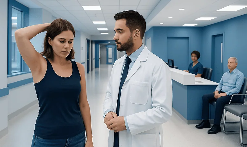 Doctor examining a woman with underarm concern in a hospital corridor.