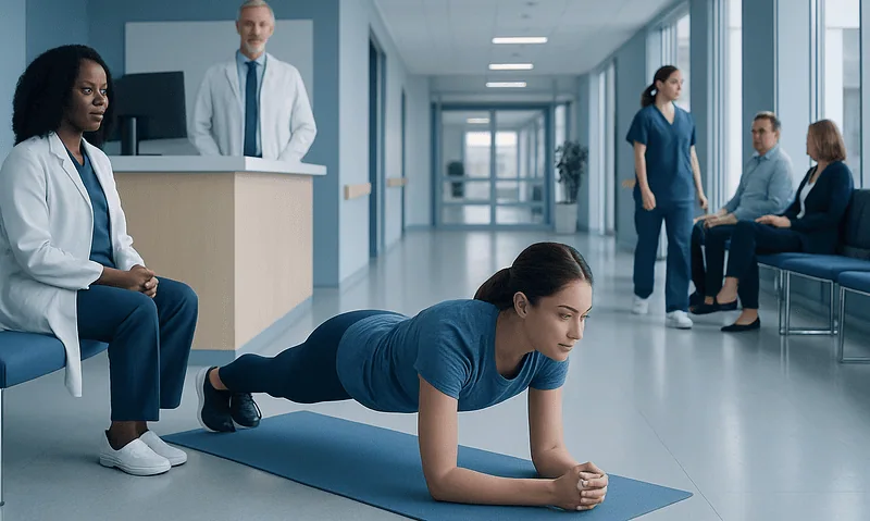 Woman doing plank exercise in hospital corridor with medical staff nearby.