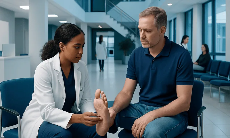 Doctor examining patient's foot in a modern hospital waiting area.