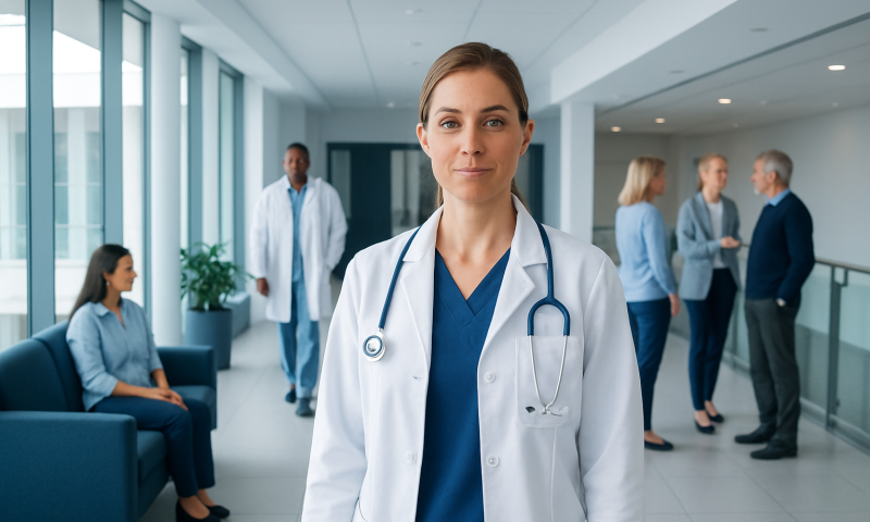 Female doctor in hospital corridor with colleagues and patients in background.