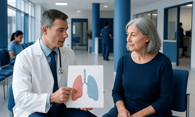 Doctor explaining lung anatomy to a patient in a hospital setting.