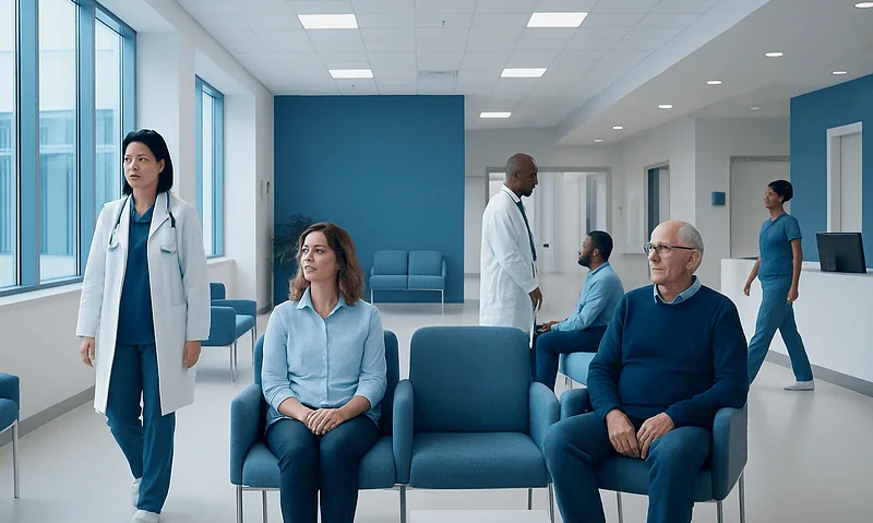 Health Library 6 Patients waiting in a modern hospital lobby with medical staff nearby.