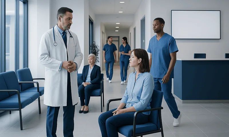 Doctor consulting with patient in hospital corridor with medical staff in background.