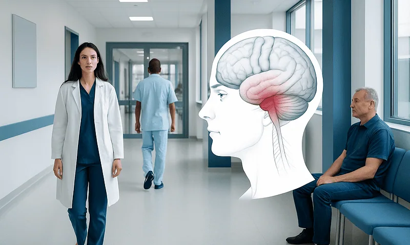 Medical professionals and a brain diagram in a hospital corridor.