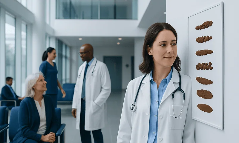 Medical professionals examining stool samples in a hospital setting.