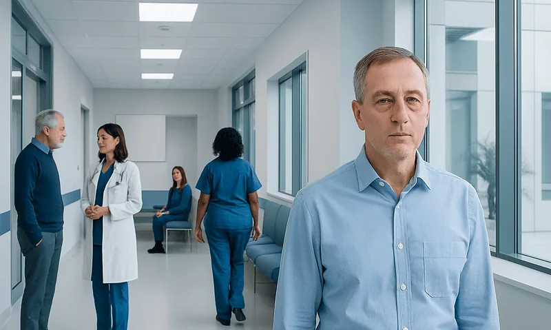 Doctor and patient in hospital corridor with medical staff in background.