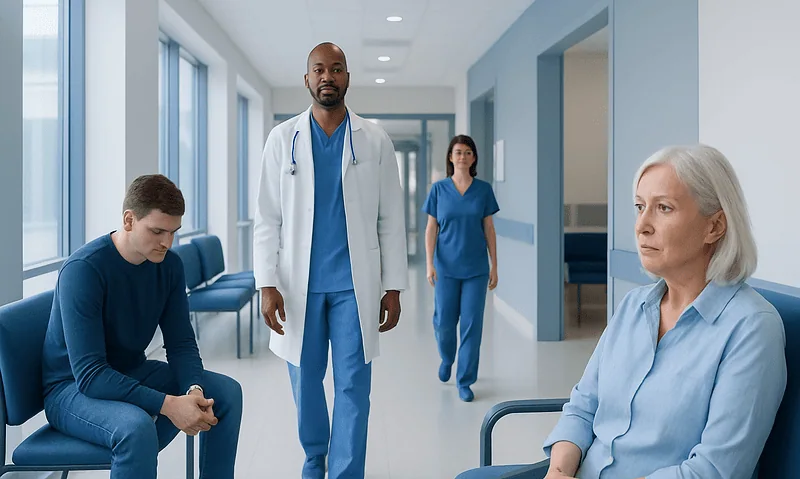 Medical team consulting with a patient in a hospital corridor.