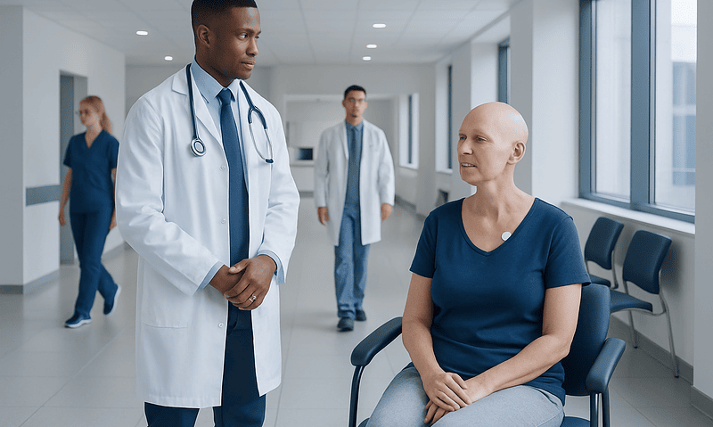Doctor consulting a patient in a hospital corridor with medical staff in background.
